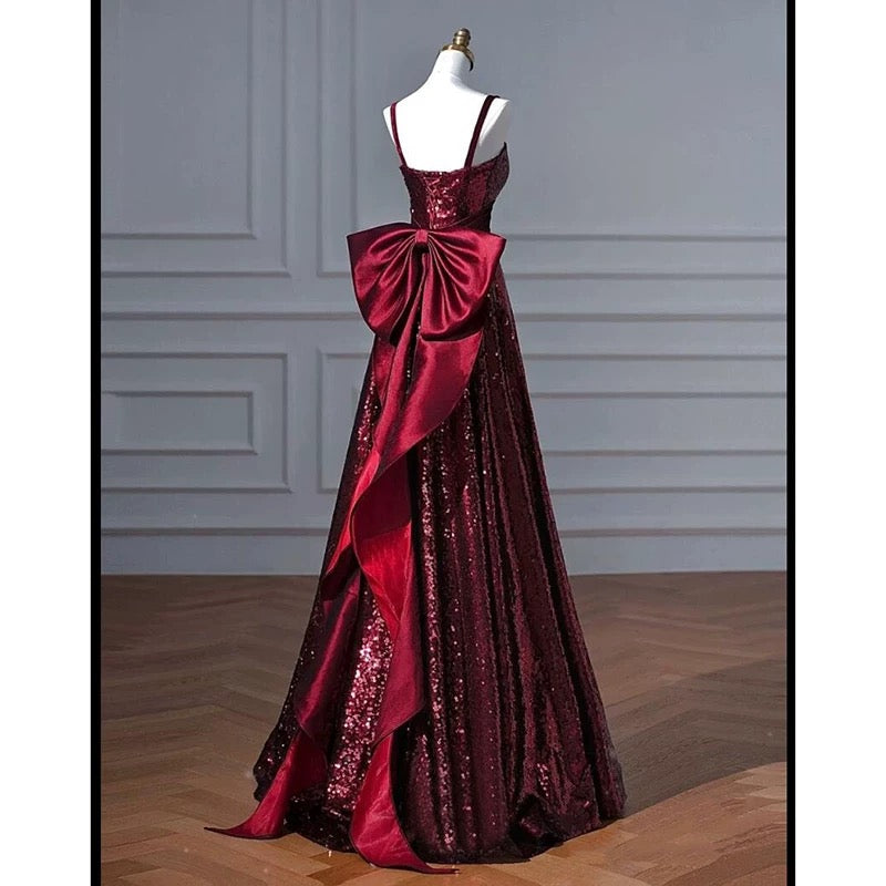 Robe de soirée longue à bretelles spaghetti en ligne A, bordeaux, paillettes, robe de bal, C3792