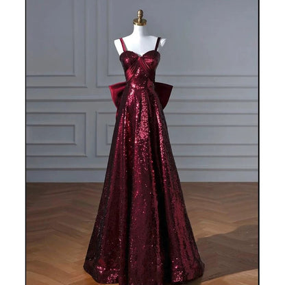 Robe de soirée longue à bretelles spaghetti en ligne A, bordeaux, paillettes, robe de bal, C3792