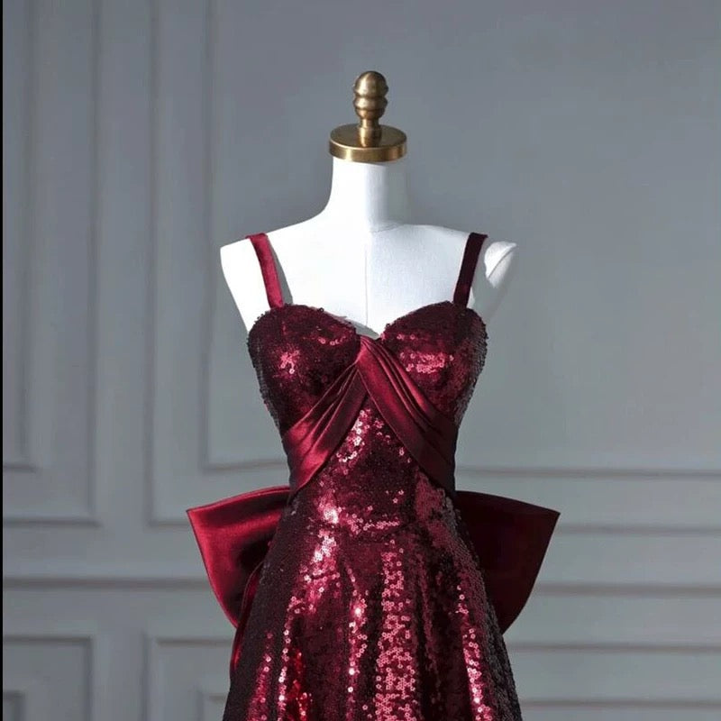 Robe de soirée longue à bretelles spaghetti en ligne A, bordeaux, paillettes, robe de bal, C3792