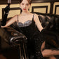 Modest Sheath Spaghetti Straps Black Sequin Long Prom Dresses Party Gown Evening Dress C3794