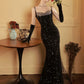 Modest Sheath Spaghetti Straps Black Sequin Long Prom Dresses Party Gown Evening Dress C3794