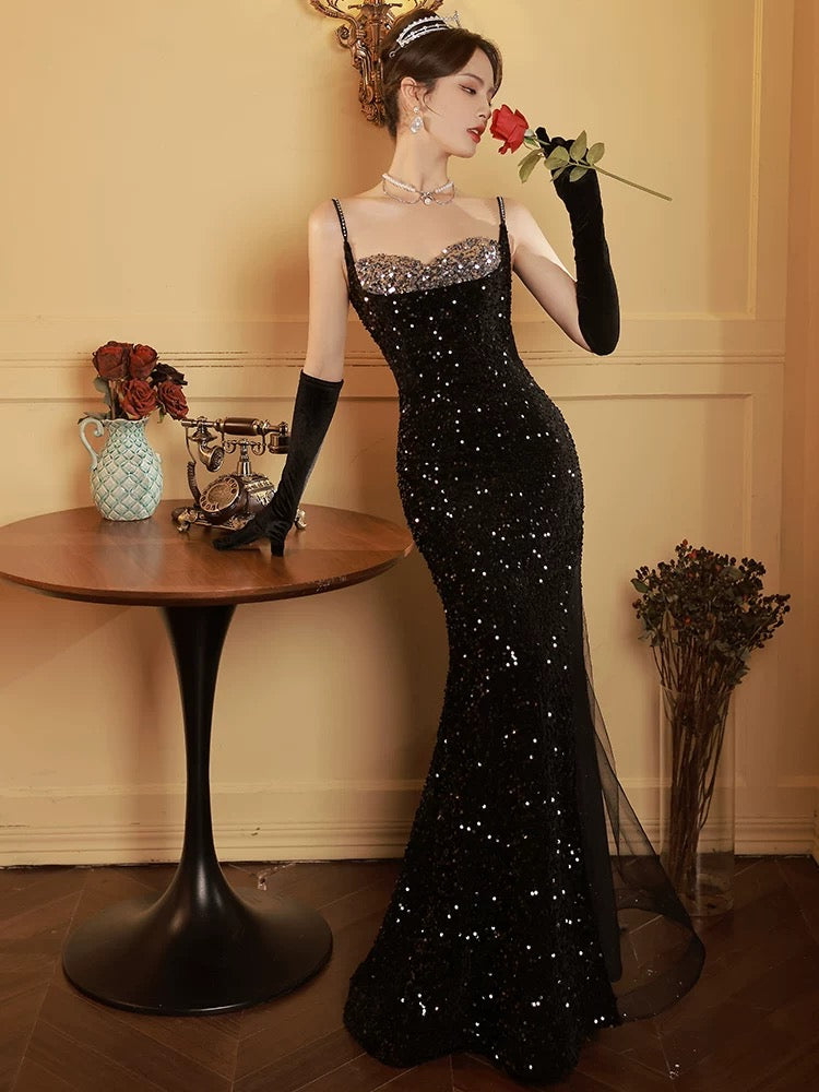 Modest Sheath Spaghetti Straps Black Sequin Long Prom Dresses Party Gown Evening Dress C3794