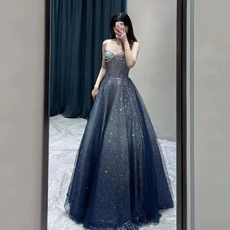 Pretty Ball Gown Spaghetti Straps Navy Blue Long Prom Dresses Party Evening Dress C3796