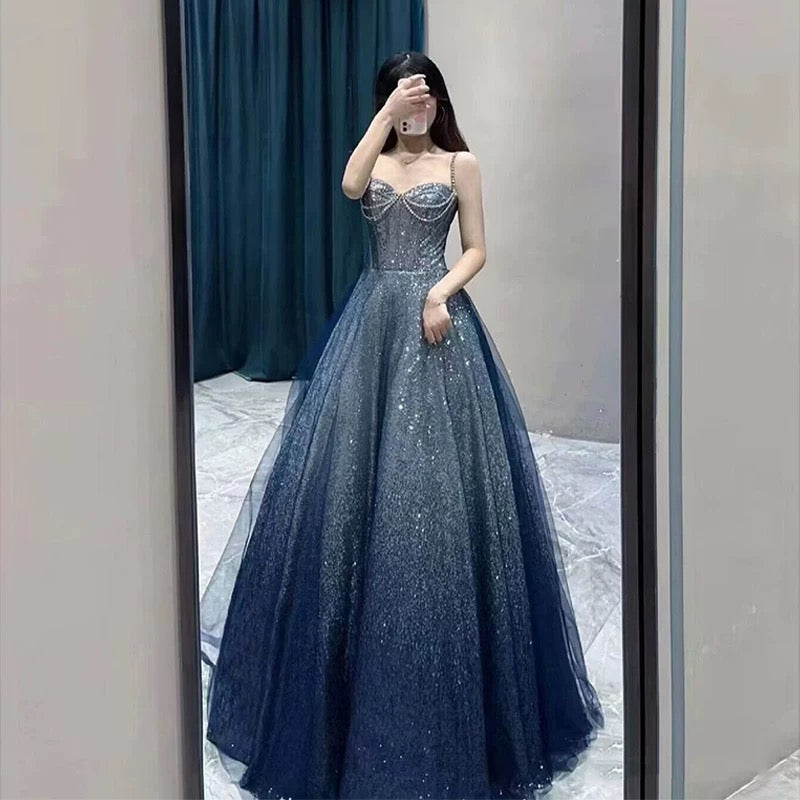 Pretty Ball Gown Spaghetti Straps Navy Blue Long Prom Dresses Party Evening Dress C3796