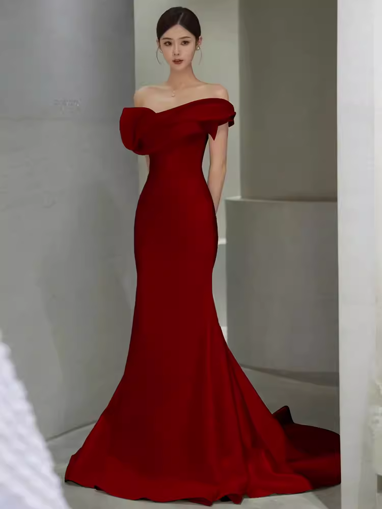 Sexy Mermaid Off The Shoulder Satin Long Burgundy Prom Dress C37