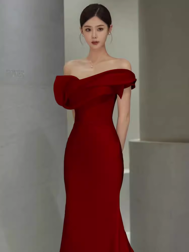 Sexy Mermaid Off The Shoulder Satin Long Burgundy Prom Dress C37