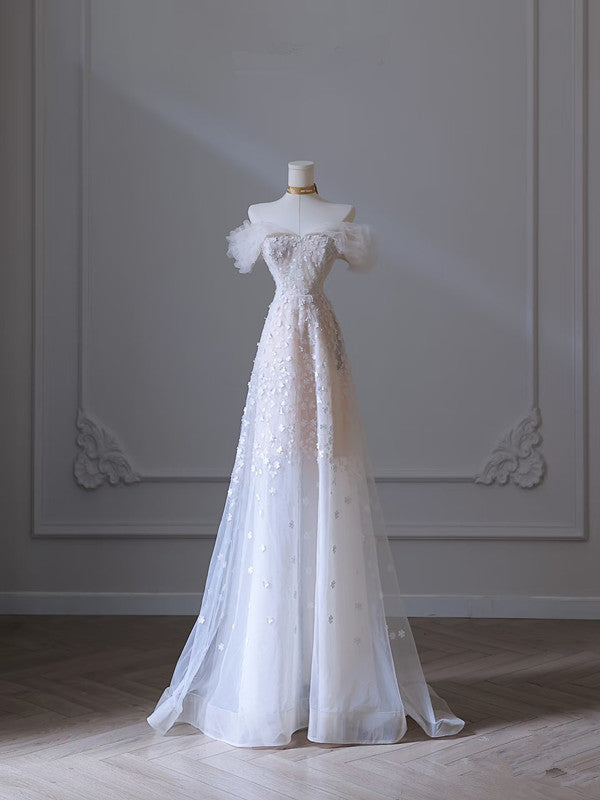 Robe de soirée longue en tulle blanc à épaules dénudées et jolie robe de bal à fleurs C3800