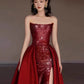 Robe de soirée sexy sirène rouge sans manches à paillettes longues fendues C3801