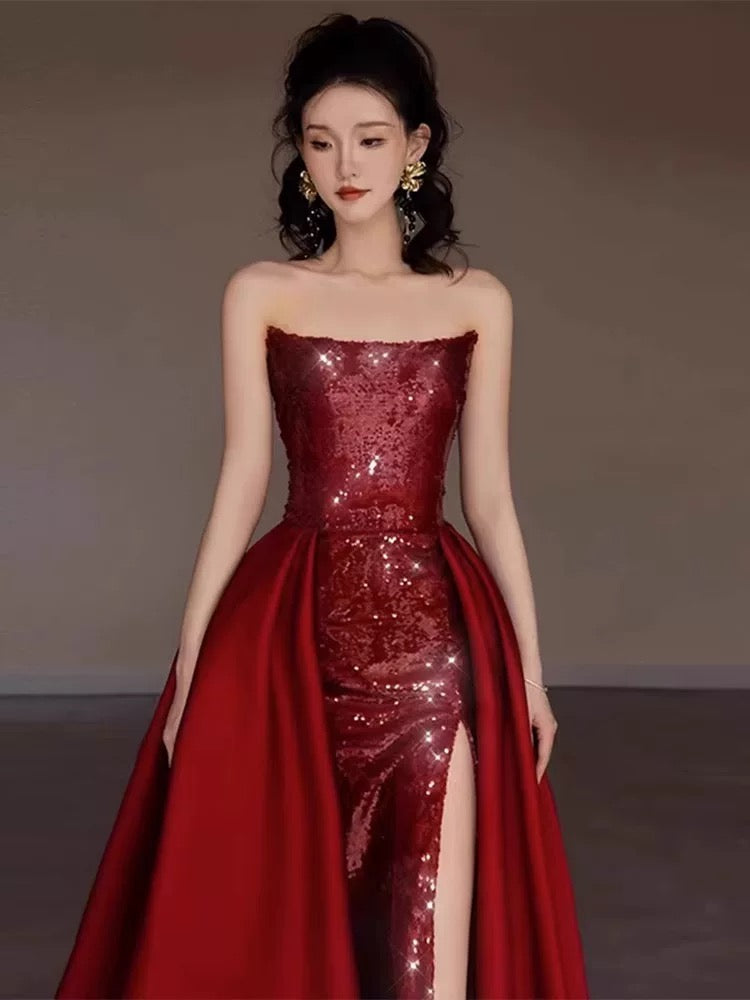 Robe de soirée sexy sirène rouge sans manches à paillettes longues fendues C3801