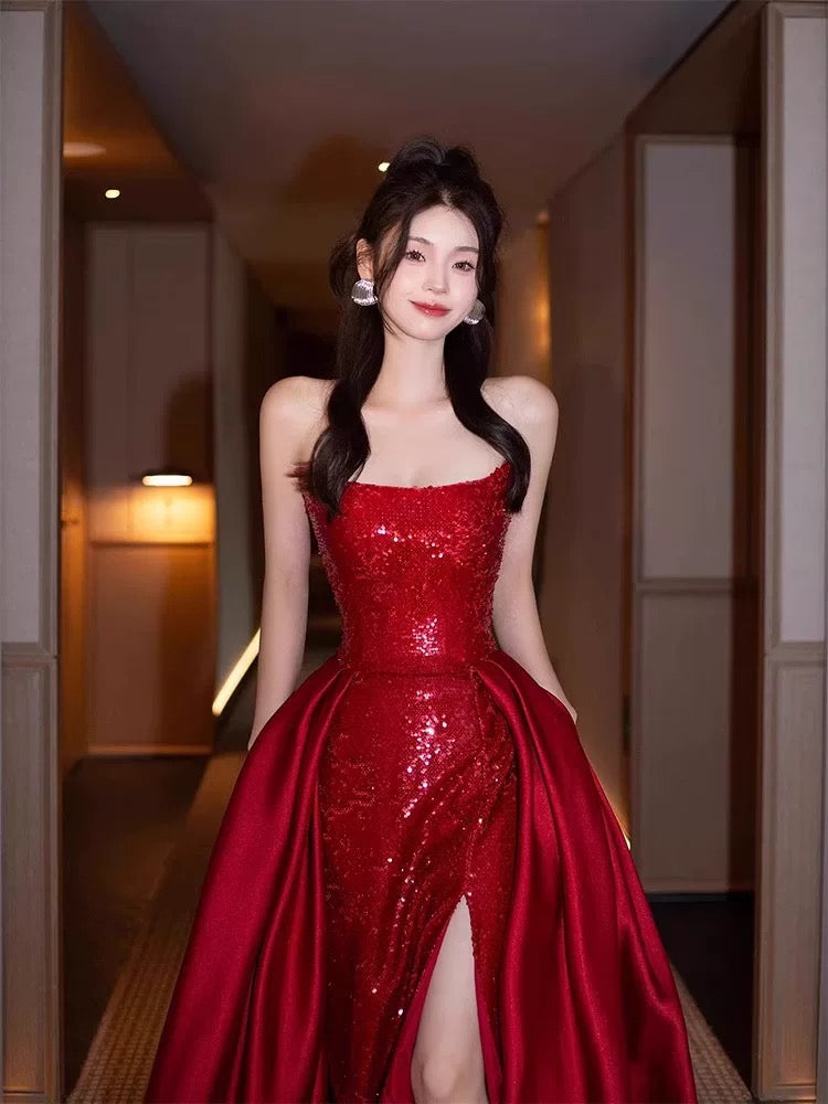 Robe de soirée sexy sirène rouge sans manches à paillettes longues fendues C3801