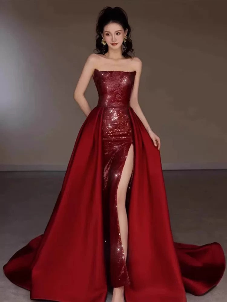 Robe de soirée sexy sirène rouge sans manches à paillettes longues fendues C3801