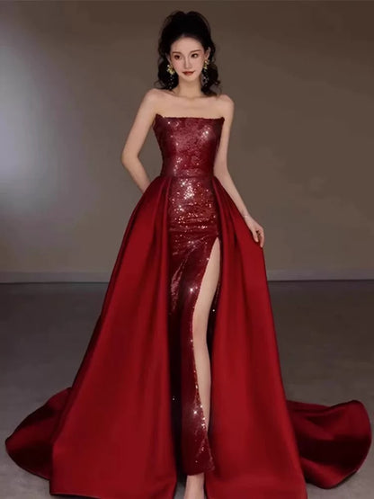 Robe de soirée sexy sirène rouge sans manches à paillettes longues fendues C3801