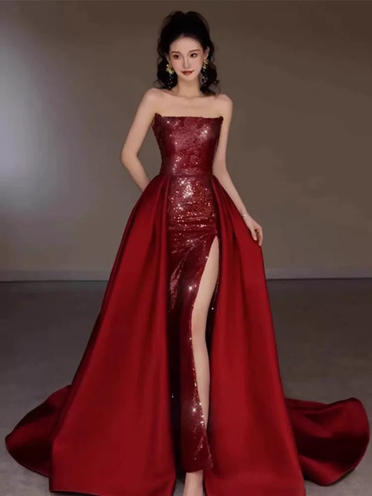 Robe de soirée sexy sirène rouge sans manches à paillettes longues fendues C3801