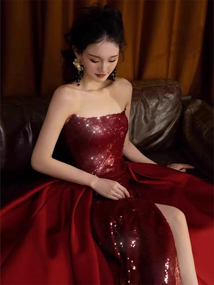 Robe de soirée sexy sirène rouge sans manches à paillettes longues fendues C3801