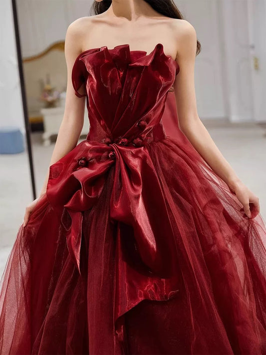 Pretty A line Strapless Burgundy Tulle Long Prom Dresses Party Evening Dress C3802