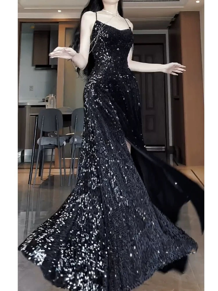 Pretty Sheath Spaghetti Straps Sequin Black Slit Long Prom Dresses Party Evening Dress C3803