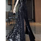 Pretty Sheath Spaghetti Straps Sequin Black Slit Long Prom Dresses Party Evening Dress C3803