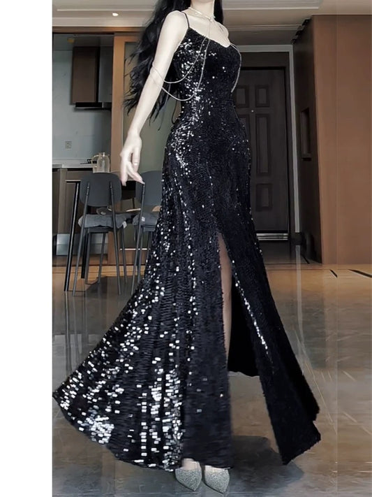 Pretty Sheath Spaghetti Straps Sequin Black Slit Long Prom Dresses Party Evening Dress C3803