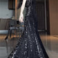 Pretty Sheath Spaghetti Straps Sequin Black Slit Long Prom Dresses Party Evening Dress C3803