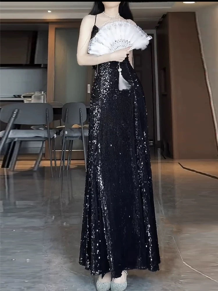 Pretty Sheath Spaghetti Straps Sequin Black Slit Long Prom Dresses Party Evening Dress C3803