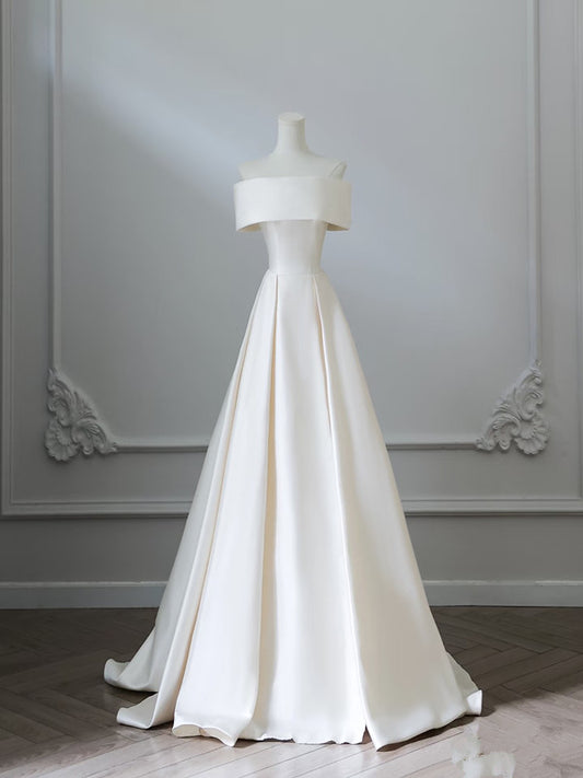 Simple A Line Off The Shoulder White Satin Bridal Dress Wedding dress With Ruffles C3805