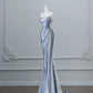 Pretty Mermaid Spaghetti Straps Sequin Blue Long Prom Dresses Party Evening Dress C3808