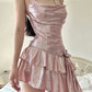 Pink Sequin Ruffle Asymmetrical Mini Dress Homecoming Dresses C381