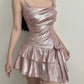 Pink Sequin Ruffle Asymmetrical Mini Dress Homecoming Dresses C381