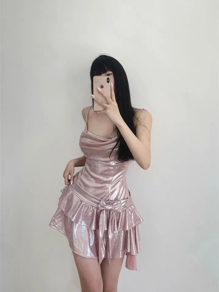 Pink Sequin Ruffle Asymmetrical Mini Dress Homecoming Dresses C381