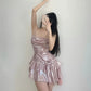 Pink Sequin Ruffle Asymmetrical Mini Dress Homecoming Dresses C381