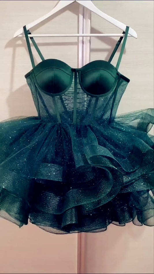 Tulle Spaghetti Straps Short Green Homecoming Dress Cocktail Dress C384