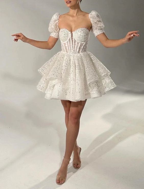 Robe trapèze blanche transparente, corset court à paillettes, robe de soirée C394