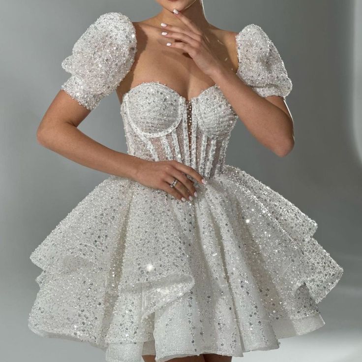 Robe trapèze blanche transparente, corset court à paillettes, robe de soirée C394