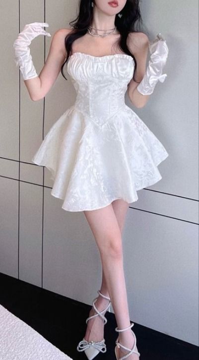 Robe de soirée courte en dentelle blanche, ligne A, sexy, sans bretelles, C398