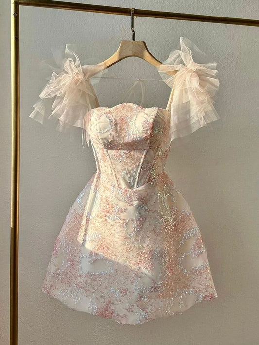 Robe de soirée courte en Tulle rose à bretelles, jolie ligne A, à paillettes, C414