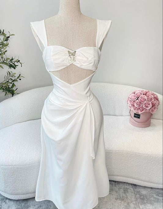 Robe de soirée en satin blanc à bretelles fourreau sexy C418