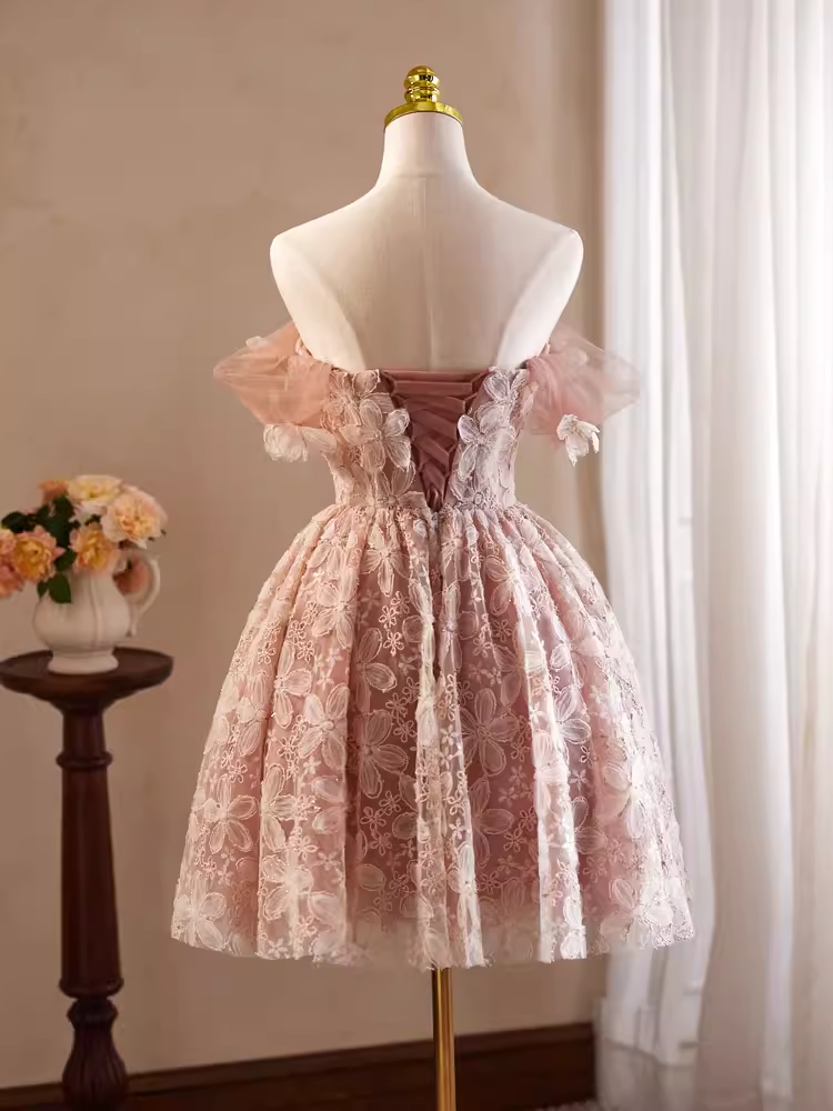 Cute Ball Gown Off The Shoulder Pink Lace Party Dress Homecoming Dresses C425