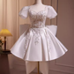 Cute Ball Gown Short Sleeves White Satin Party Dress Homecoming Dresses C426