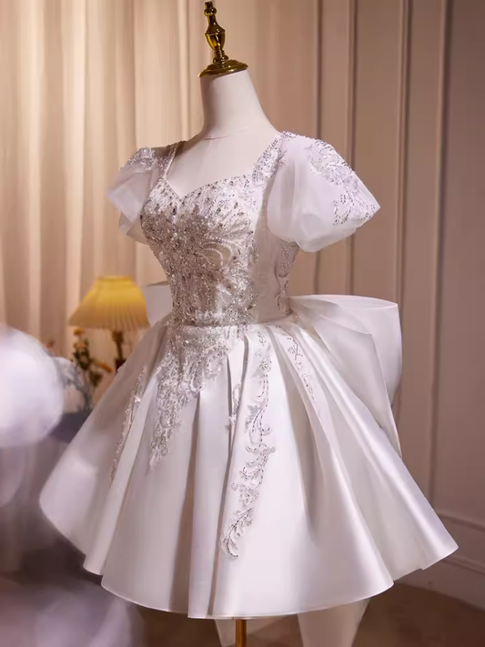 Cute Ball Gown Short Sleeves White Satin Party Dress Homecoming Dresses C426