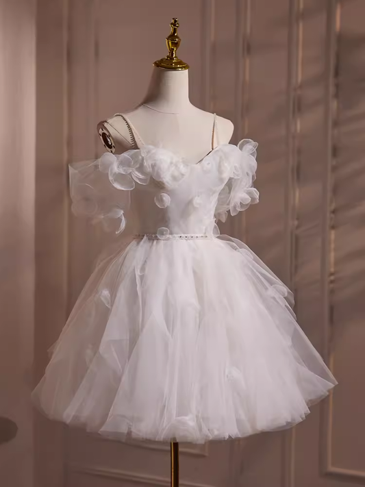 Cute Ball Gown Spaghetti Straps White Tulle Party Dress Homecoming Dresses C427