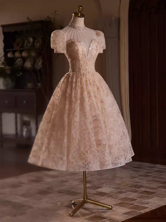 Robe de bal élégante, encolure haute, en Tulle rose, robe de soirée en dentelle, robes de bal, C429