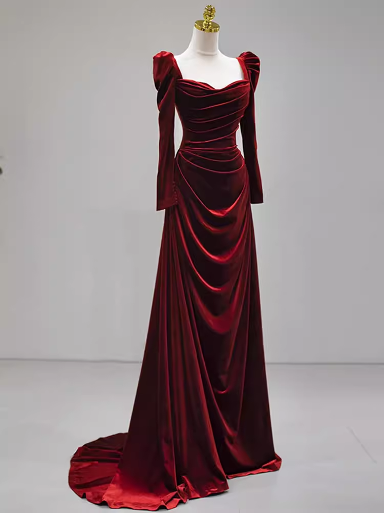 Sexy Mermaid Long Sleeves Burgundy Velvet Prom Dresses C42