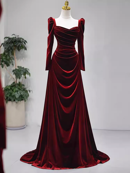 Sexy Mermaid Long Sleeves Burgundy Velvet Prom Dresses C42