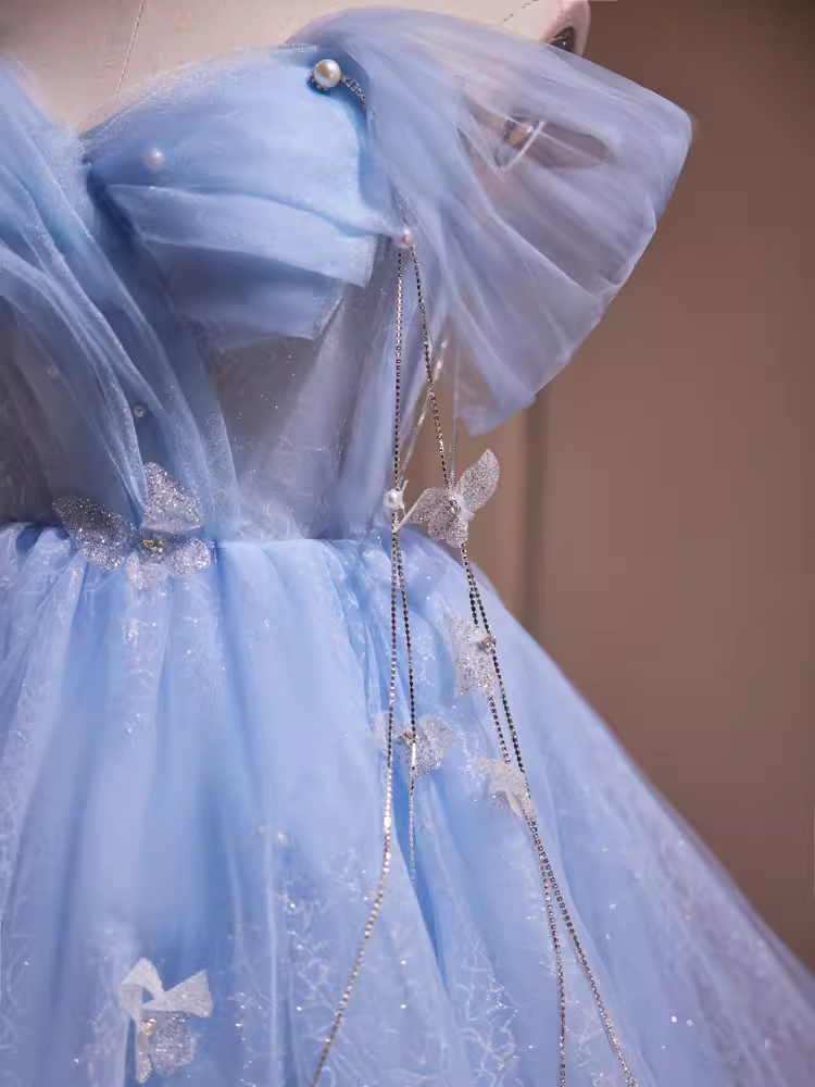 Robe de bal élégante en Tulle, épaules dénudées, robe de soirée bleue, robes de soirée, C430