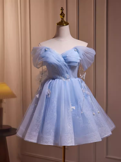 Elegant Ball Gown Off The Shoulder Tulle Party Dress Blue Homecoming Dresses C430