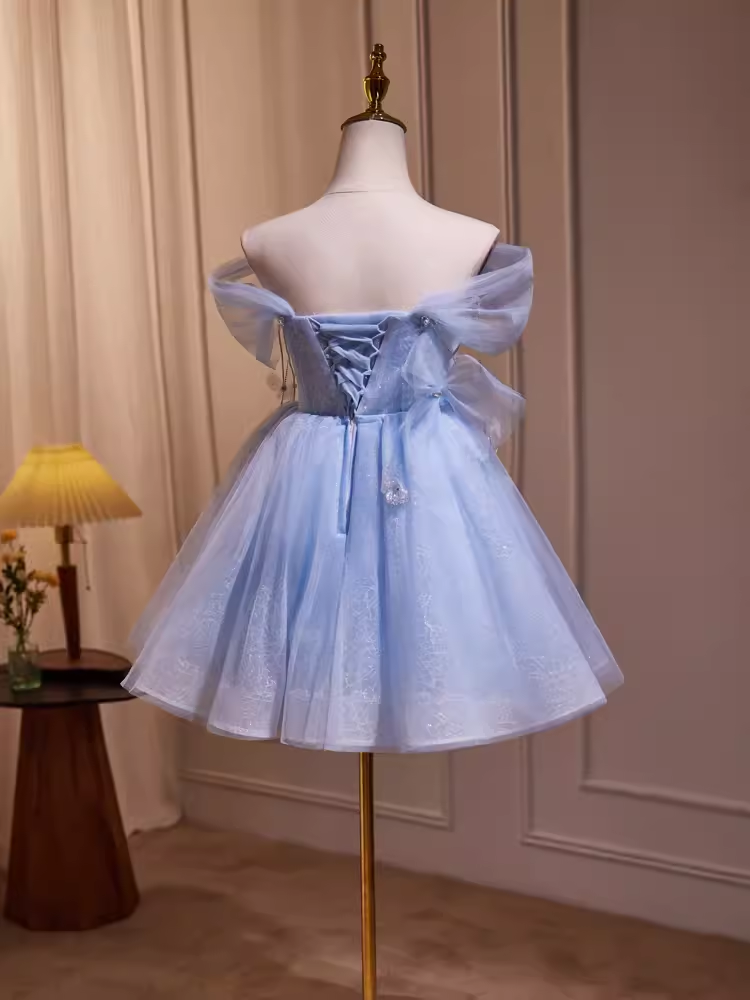 Robe de bal élégante en Tulle, épaules dénudées, robe de soirée bleue, robes de soirée, C430