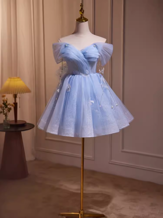 Robe de bal élégante en Tulle, épaules dénudées, robe de soirée bleue, robes de soirée, C430