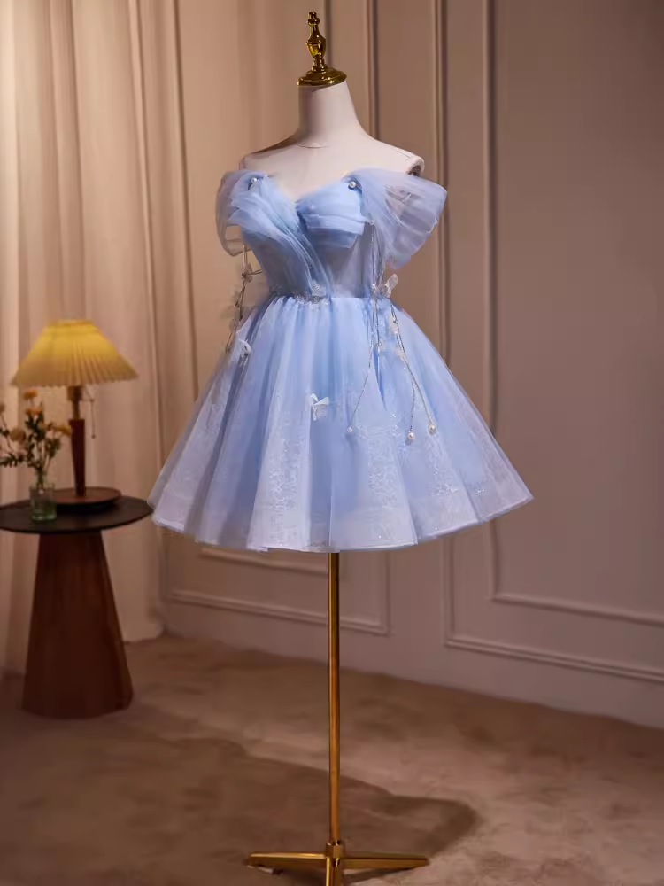 Robe de bal élégante en Tulle, épaules dénudées, robe de soirée bleue, robes de soirée, C430