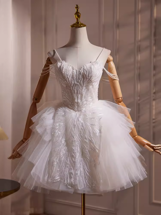 Robe de bal élégante, bretelles Spaghetti, robe de soirée en Tulle, robes de soirée blanches, C431