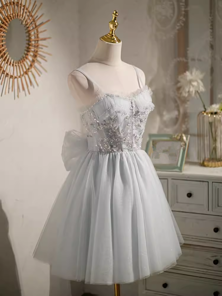 Robe de bal élégante à bretelles en Tulle, robe de soirée grise, robes de bal C433